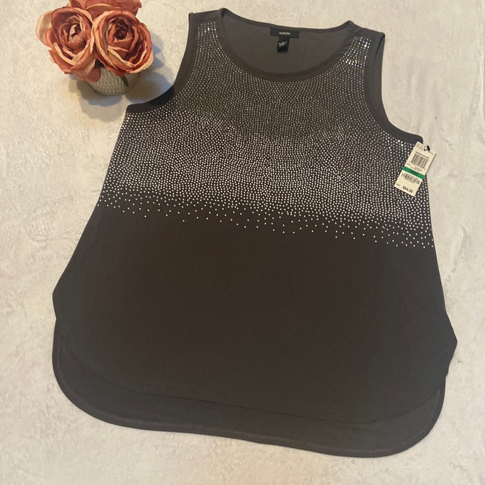 ALFANI NWT Size L Gray Sleeveless Top Silver Rhinestone Embellished